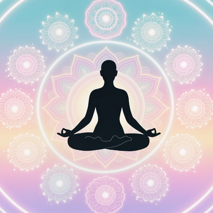 Imagem para representar o E-book "Tudo é energia", com uma silhueta em posição de yoga ao centro e um fundo em grediente colorido, com flores e arcos brancos iluminados.